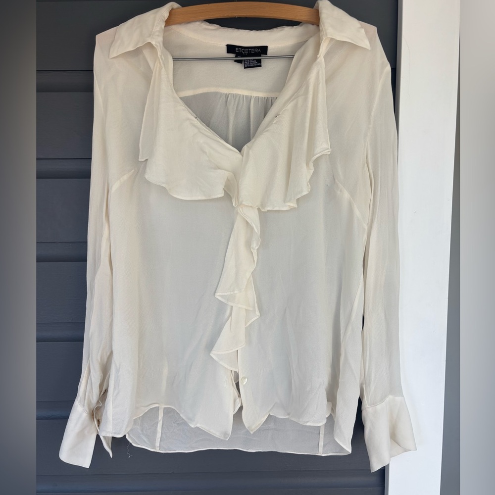 etcetera silk blouse cream sheer ruffled collar size 10